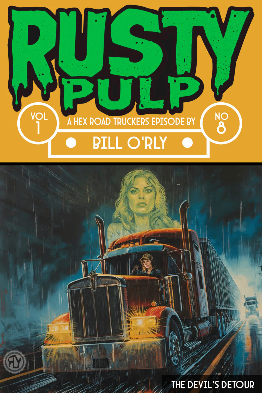 Vintage pulp horror book cover featuring a massive red semi-truck barreling down a rain-soaked highway at night. A determined female trucker grips the wheel as lightning flashes. Above her, a ghostly blonde woman’s face looms in the stormy sky. The title reads “Rusty Pulp Vol. 1 No. 8: The Devil’s Detour” by Bill O’Rly.