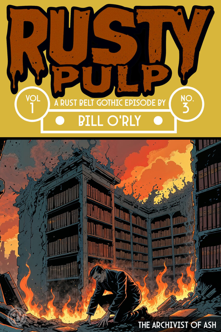 Cover of Rusty Pulp Vol. 1 No. 3: The Archivist of Ash depicting a man kneeling amid burning books in a collapsing library