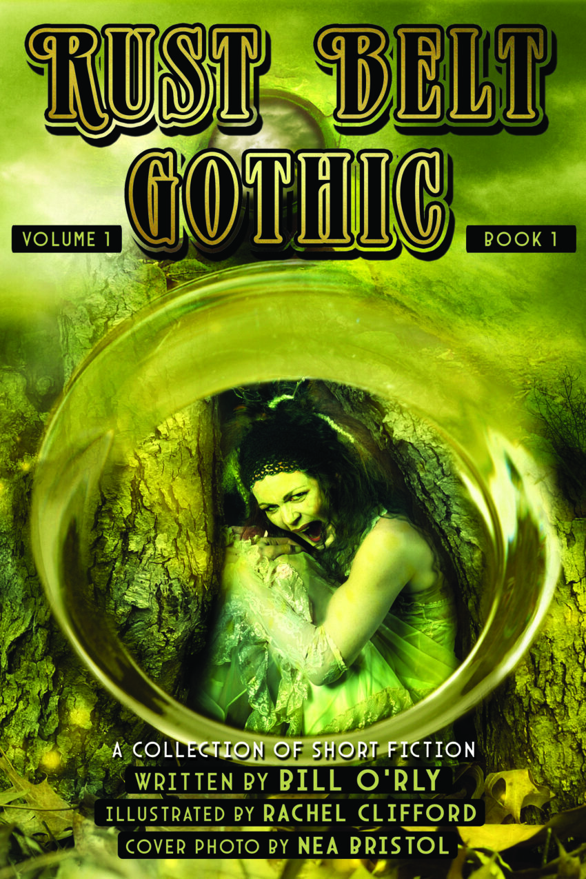 Cover of Rust Belt Gothic Volume 1, Book 1 featuring a distressed woman in vintage lace framed by a golden, rust-toned circular lens effect